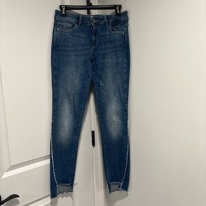 DL1961 Dark Blue Frayed Hem Skinny Jeans